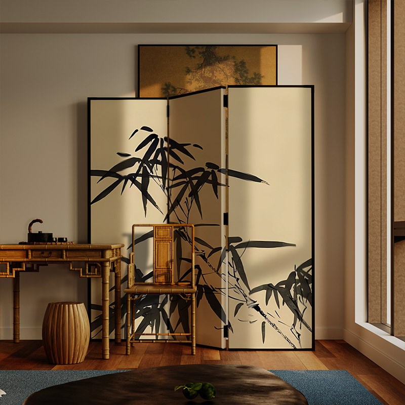 东方美学新古典屏风折叠移动客厅玄关入户茶室卧室床头折屏繁叶画