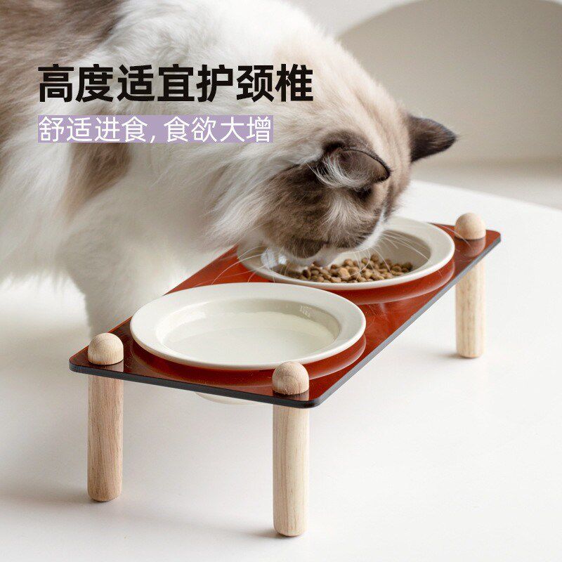bd草帽碗猫盆食盆陶瓷猫碗不易打翻宠物高脚猫咪粮碗护颈椎狗碗盆