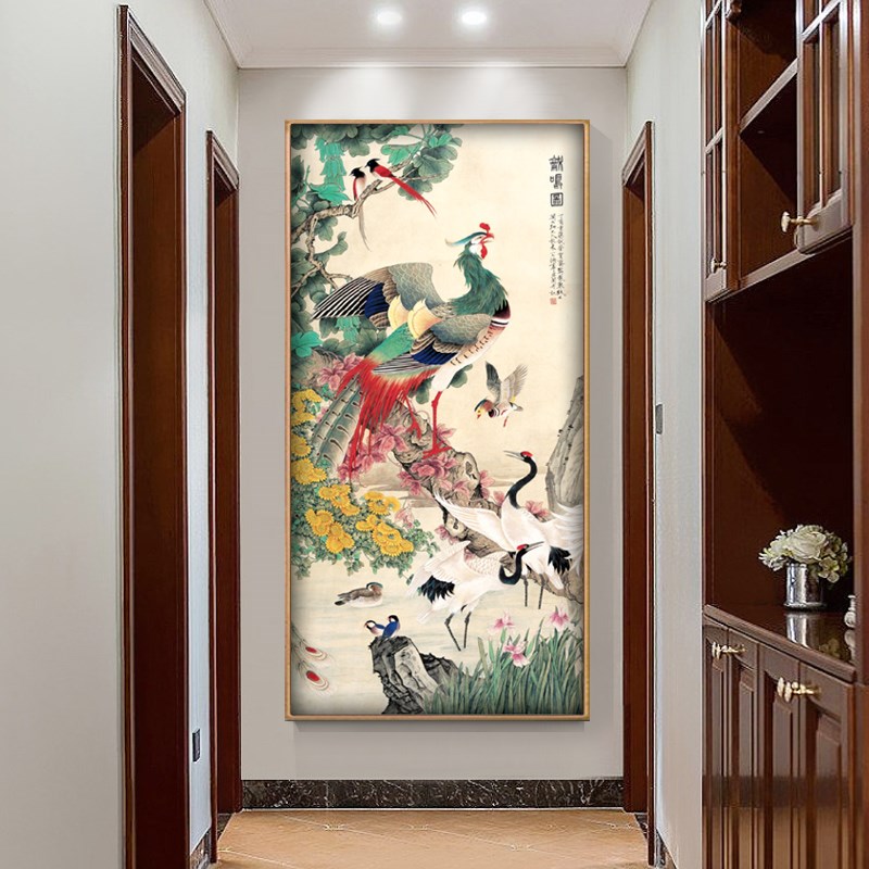 网红百鸟朝凤图新式入户廊玄关过中道走装饰画竖版招财凤凰图案挂