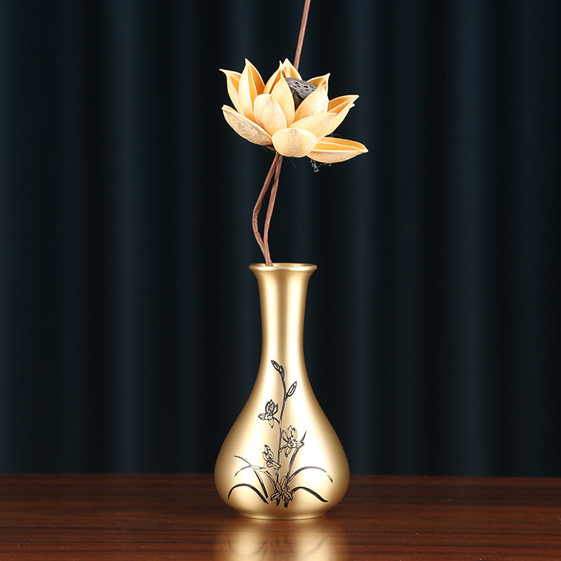 纯铜雕花花瓶新中式家居客厅办公室装饰品创意摆件干花插花器