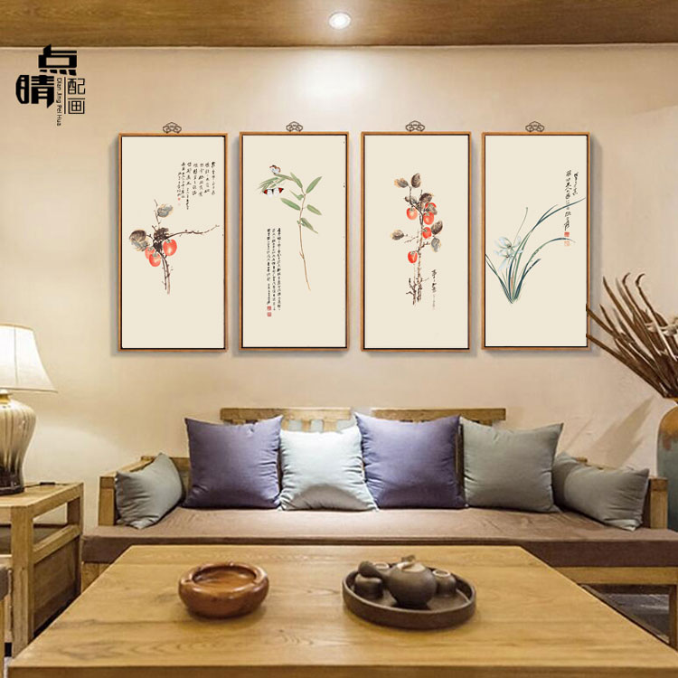 齐白石荷花水墨画禅意新中式客厅装饰画玄关茶室竖幅壁画三联挂画