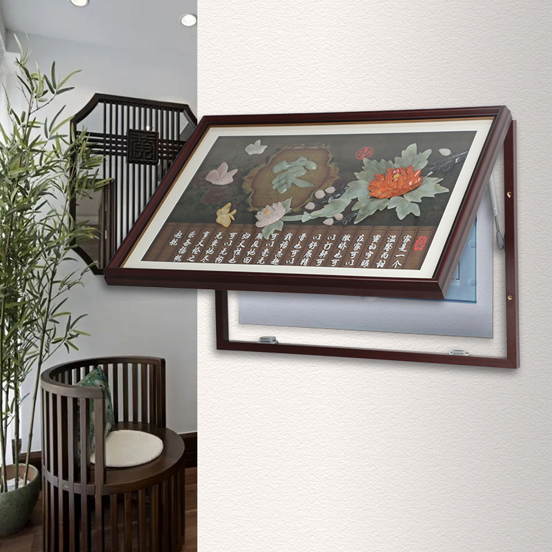 新中式风格入户电表箱装饰画遮挡箱免打孔竖款玉雕3d立体玉石高端