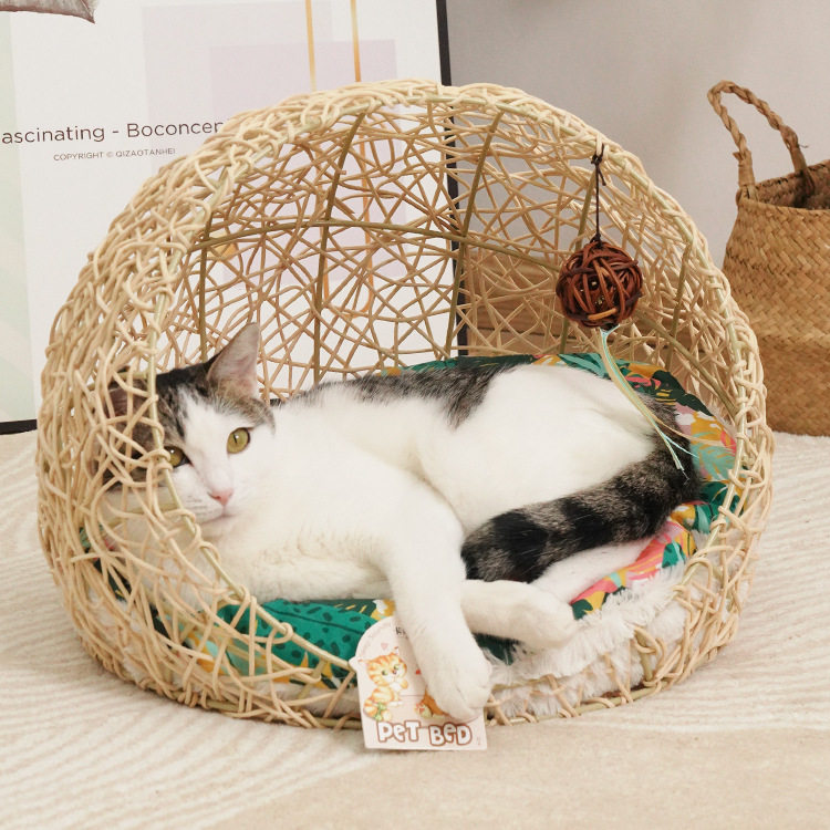 藤编猫窝四季通用半封闭式猫咪房图片
