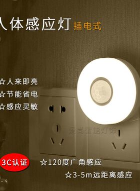 2W插电感应灯人体感应过道卫生间婴儿睡眠护眼卧室床头台灯小夜灯