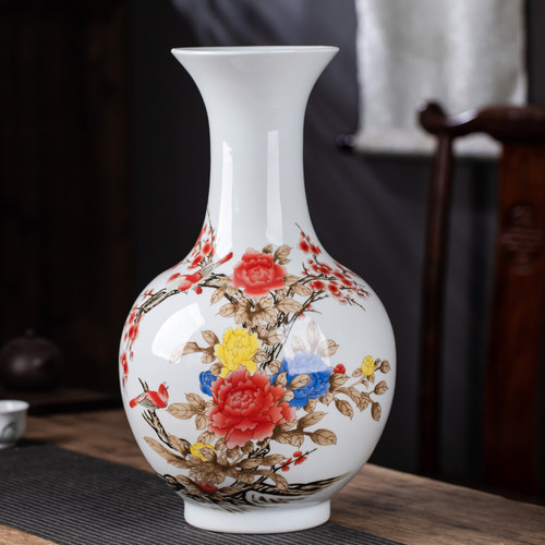 景德镇陶瓷仿古手绘粉彩牡丹花鸟花瓶中式家居玄关装饰品摆件客厅