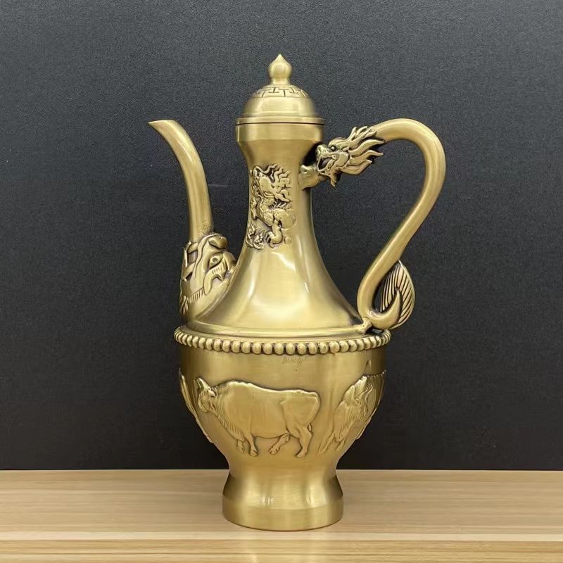 真铜中国风铜酒壶黄铜拉丝纯铜壶百福壶龙凤铜茶壶创意古风茶具