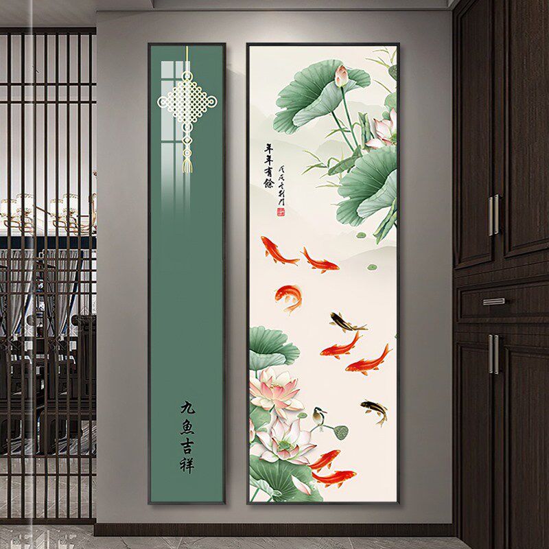 高档中式入户玄关背景墙装饰画两联组合竖版挂画过道走廊软装壁画