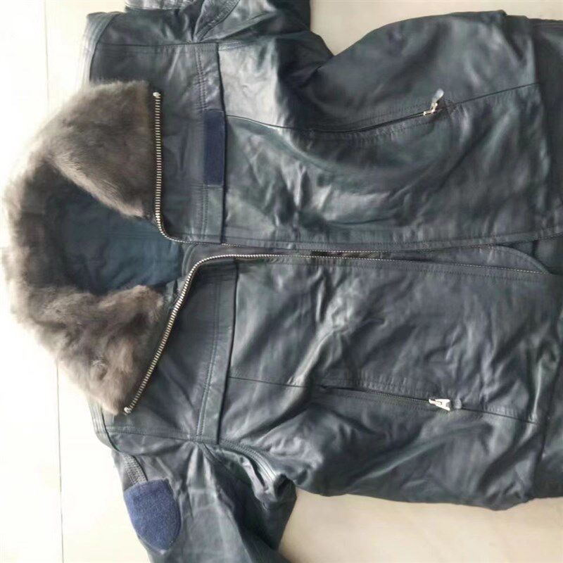 八成新02冬飞行员皮服冬季飞行皮衣皮服夹克外套天蓝色潮机车外套