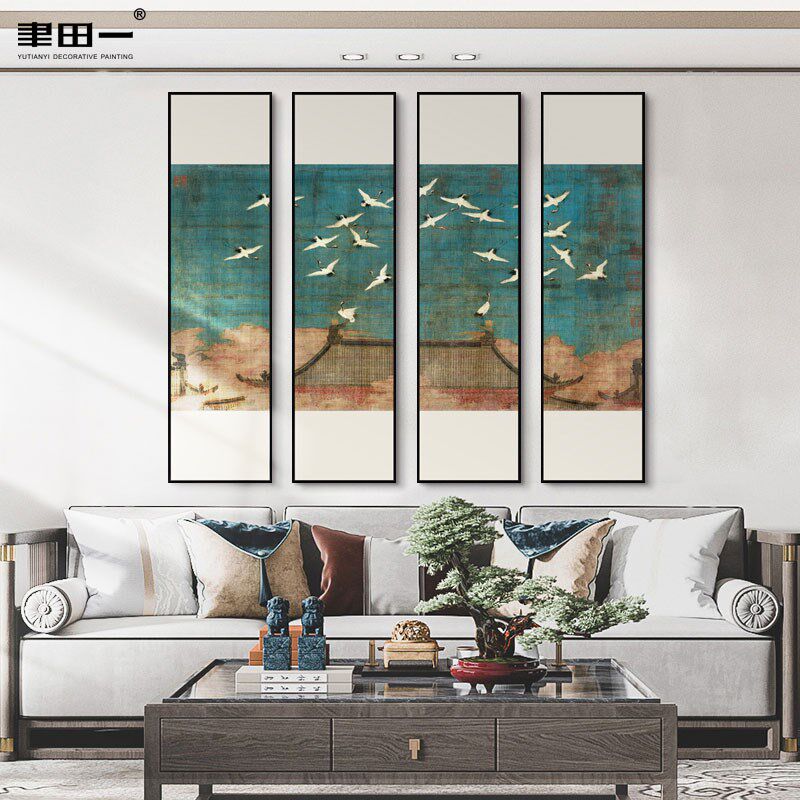 新中式客厅组合装饰画茶室禅意瑞鹤吉祥寓意壁画展厅书房古典挂画