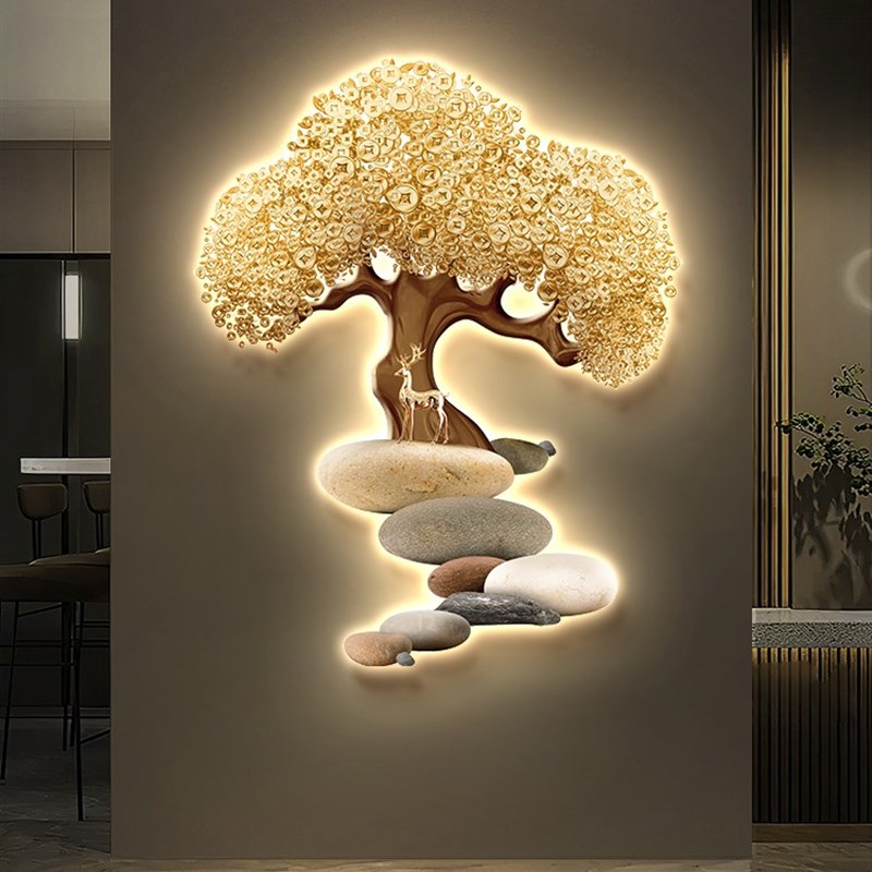 发财树入户玄关装饰画对门过道走廊吉祥鹿led壁灯画发光简约挂画