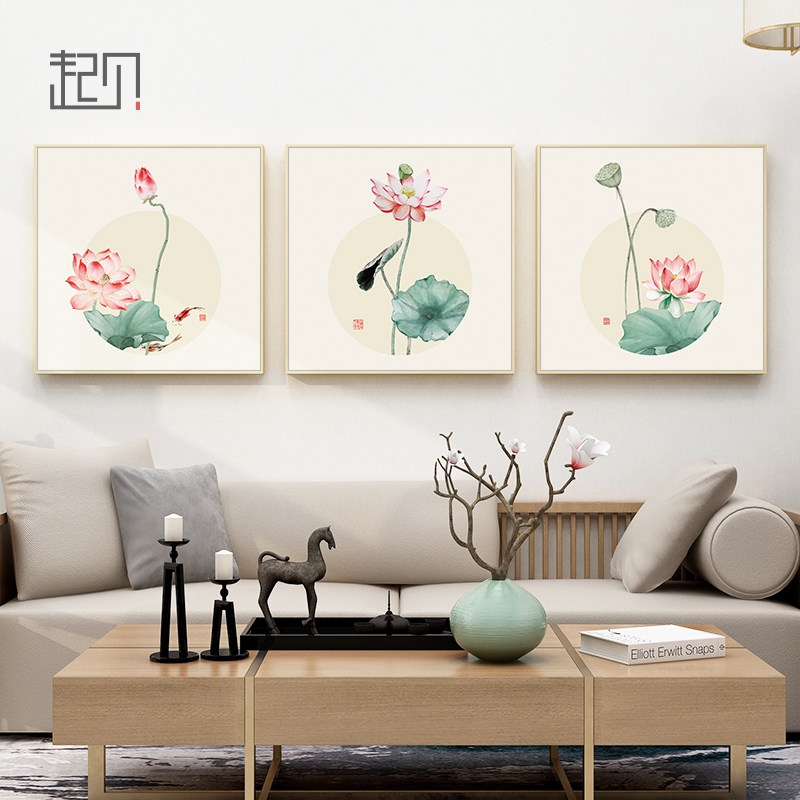 起贝荷花装饰画新中式禅意玄关挂画淡雅莲花图中国风客厅墙面壁画