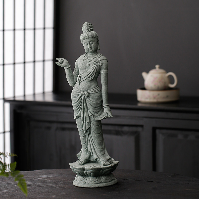 新中式莲台菩萨佛像青砂石工艺品摆件家居玄关电视柜酒柜桌面装饰