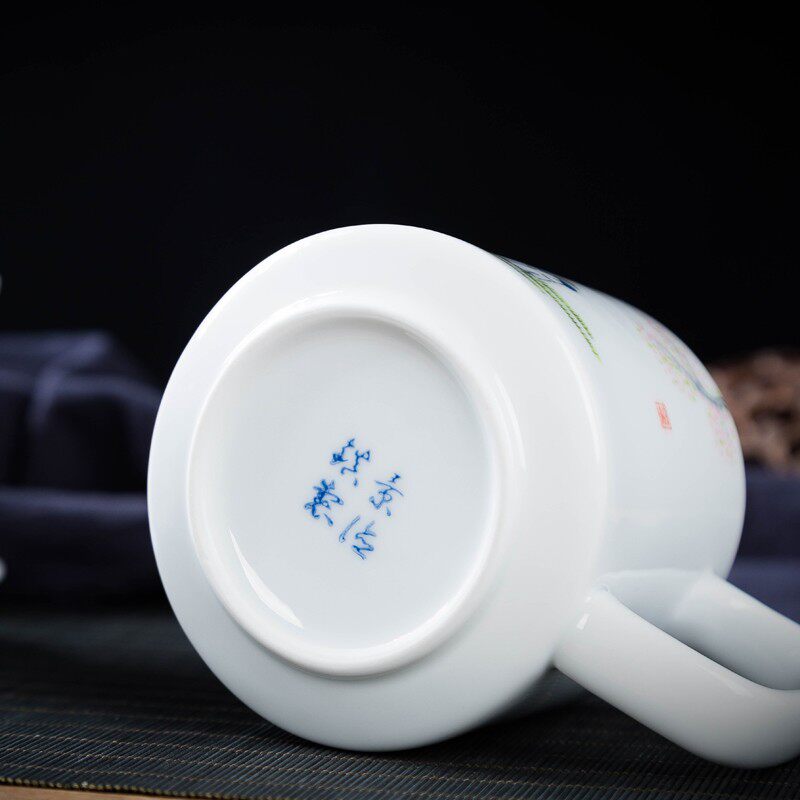 景德镇手绘清新水杯陶瓷家用办公马克杯带过滤茶杯釉下带盖泡茶杯