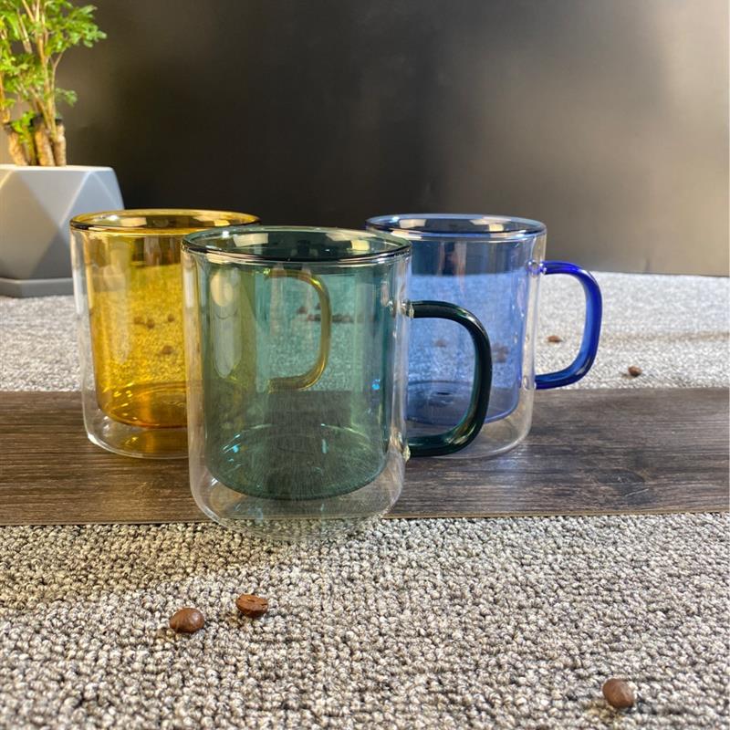 零极限清理工具蓝色玻璃杯瓶子新款彩色双层带把咖啡杯耐高温送课图片