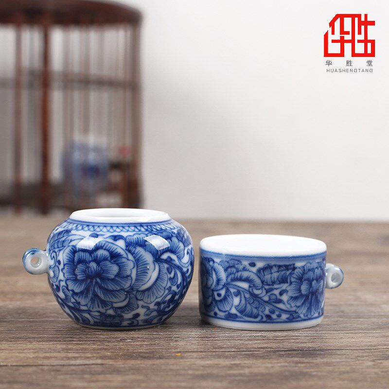 华胜堂 景德镇手绘青花缠枝牡丹红子罐鸟食罐小鸟杯水罐 鸟笼配件