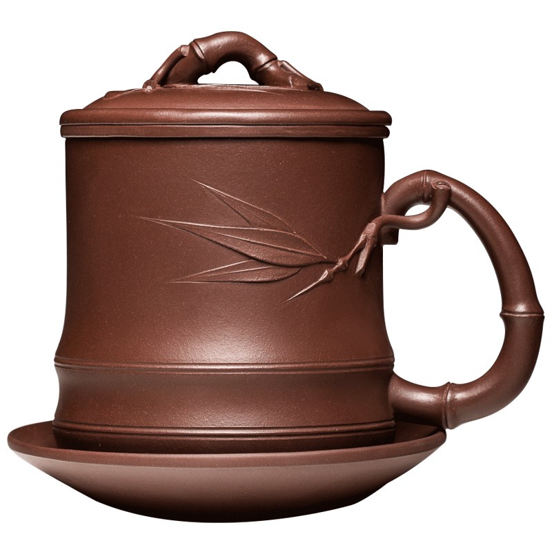 宜兴紫砂杯段泥紫泥刻竹子四件杯紫砂茶杯带盖过滤内胆办公杯盖杯