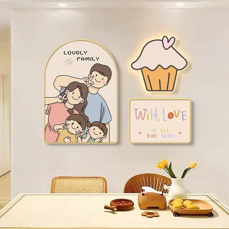 网红一家三四口餐厅装饰木风温馨客原饭厅画背景墙面壁画北欧餐桌