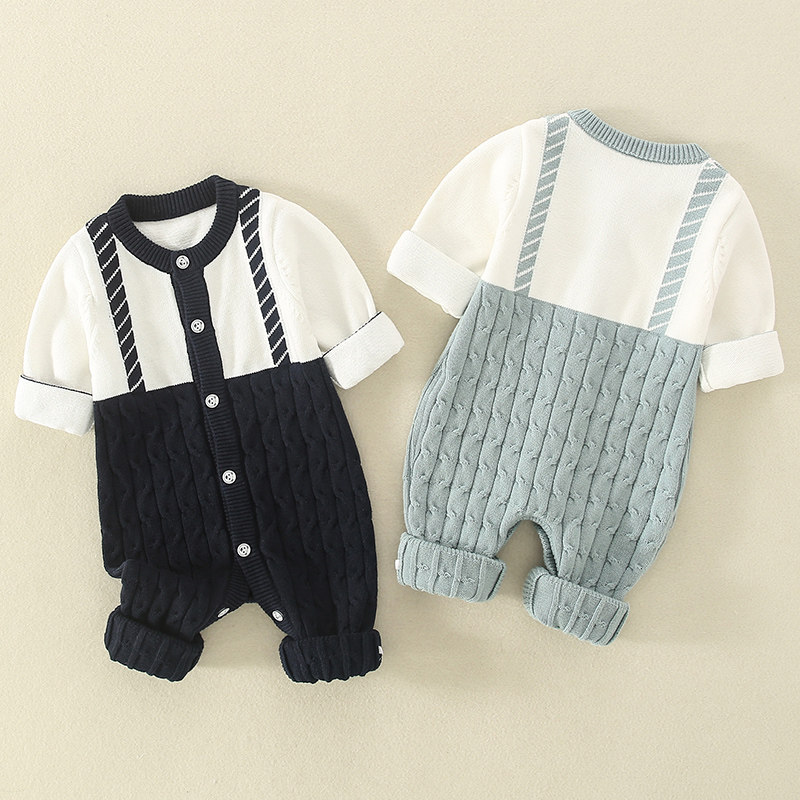 婴儿衣服连体毛衣针织衫洋气秋冬装03-9个月男女宝宝套装加绒爬服