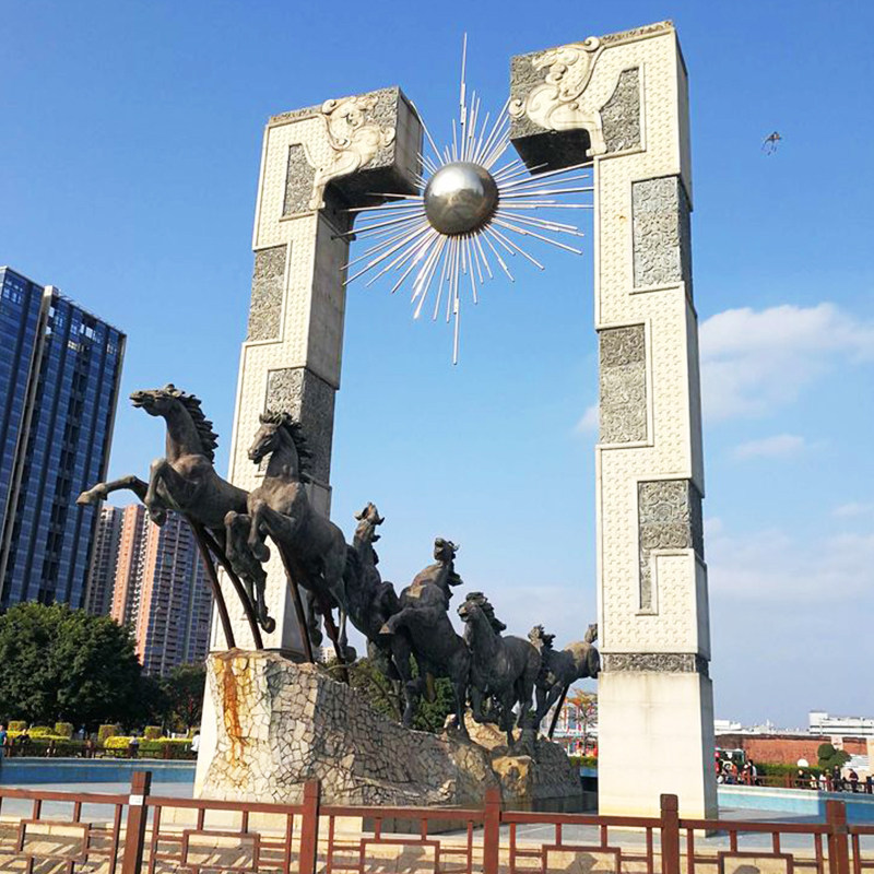 大型景观广场标志性建筑雕塑石拱门龙马精神群雕动物不锈钢摆件