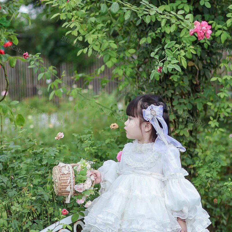 粗腿女童白色长袖连衣裙花童满天星辰婚纱公主裙周岁礼服裙蓬松裙