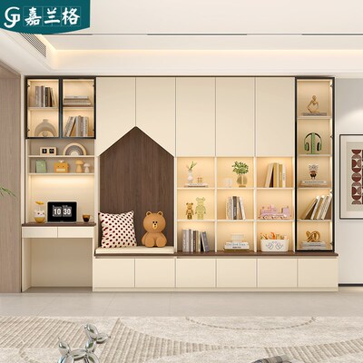 去客厅化卡座书柜书桌一体满墙到顶储物展示柜子书桌书架组合9F79