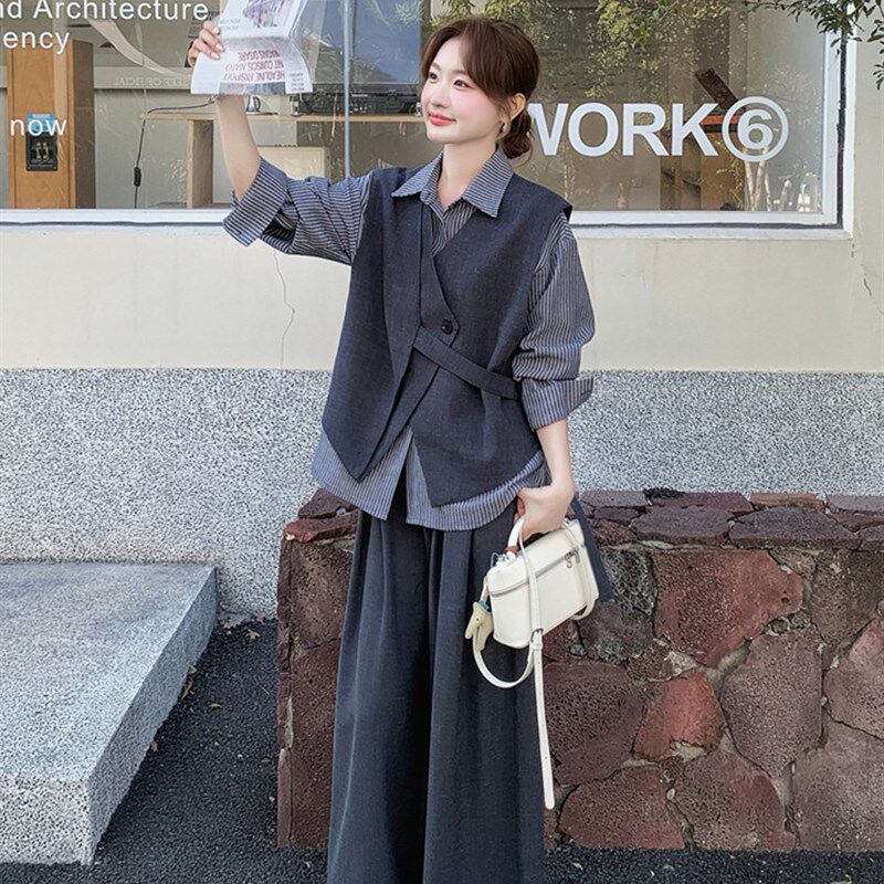 不规则马甲条纹衬衫阔腿裤u套装女春秋季松弛感三件套大方得巨好