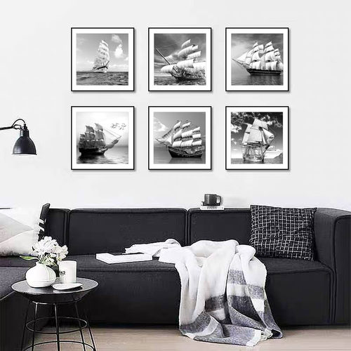 黑白装饰画现代简约工业风挂画帆船壁画餐K厅走廊过道酒店背景墙