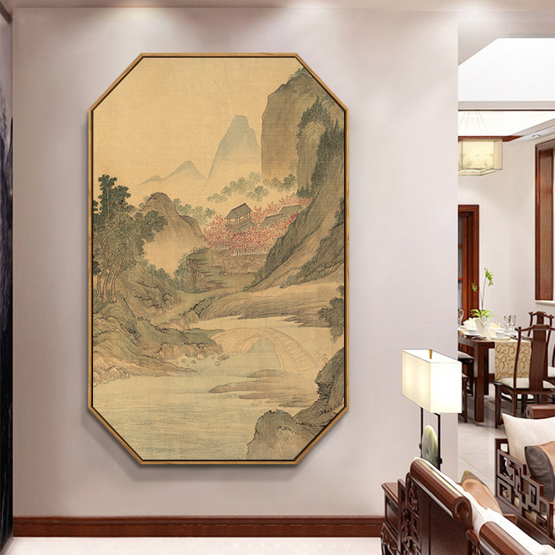 古风八边形意境山水画玄关装饰画中式新中式画茶室背景墙走廊挂画