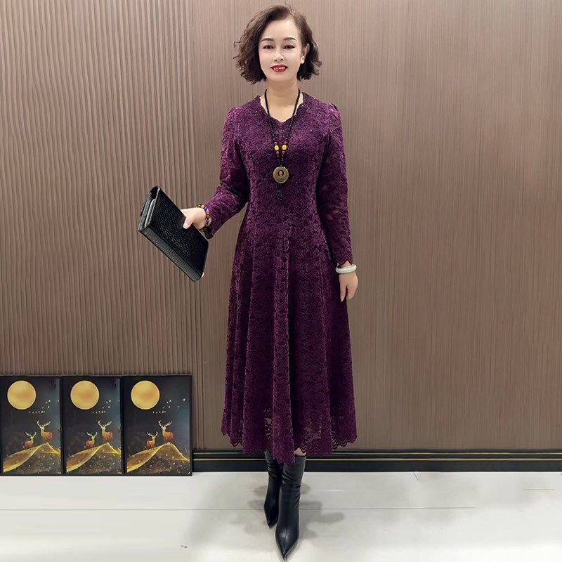 冬季加绒长袖V领蕾丝红色连衣裙中老年妈妈装气质高端大码打底裙