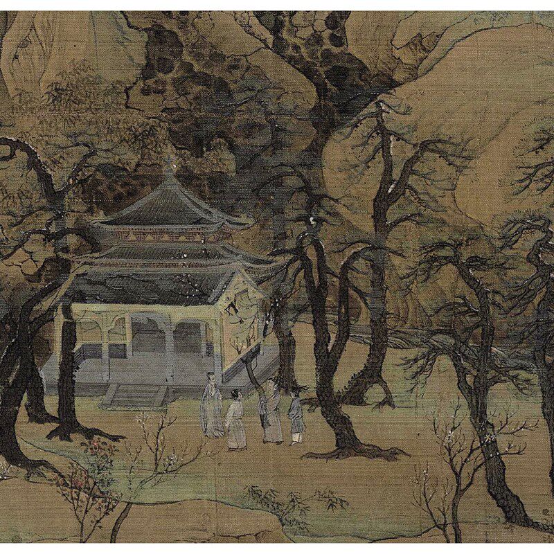 江山秋色图 南宋赵伯驹青绿山水画横幅挂画高清复制临摹装饰画稿