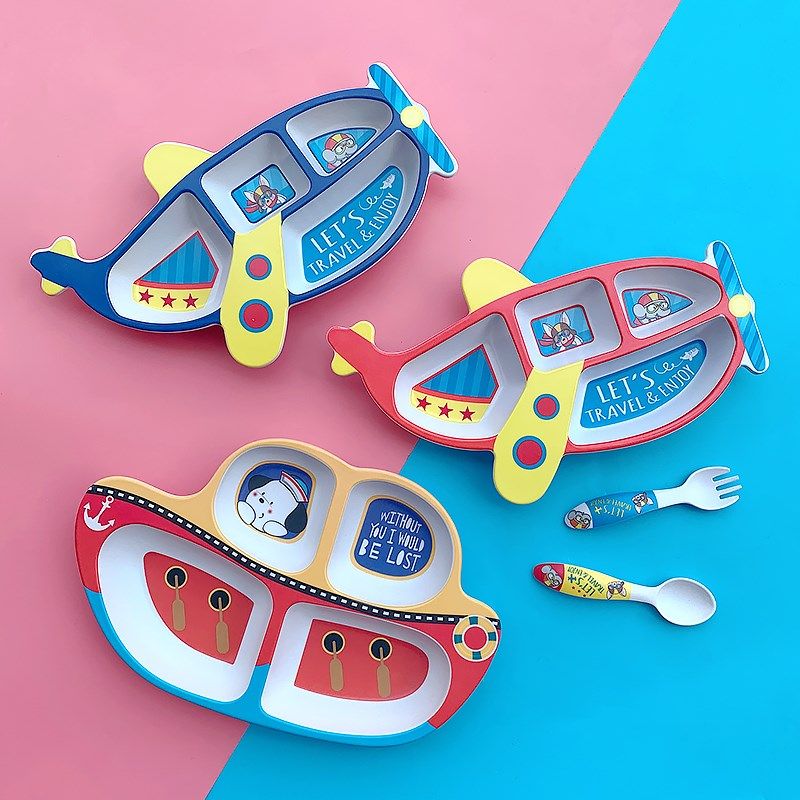 竹纤维餐具可爱卡通飞机餐盘宝宝分格饭盘家用小孩子辅食盘子勺叉
