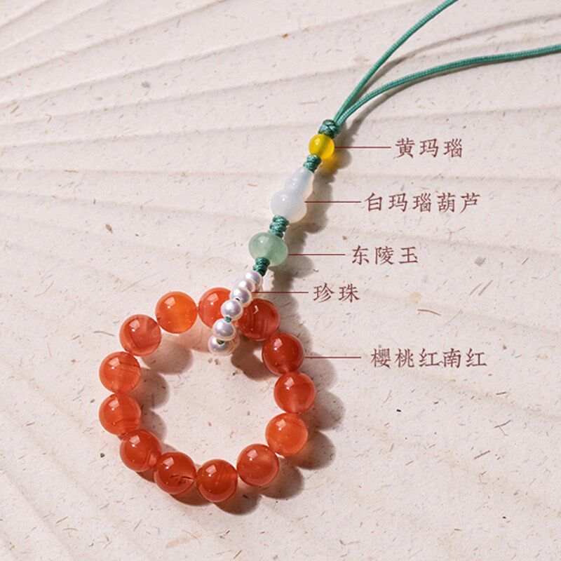 灵机生活馆天樱桃红南红玛瑙手机链玉石小手捻指环防摔挂绳挂件然