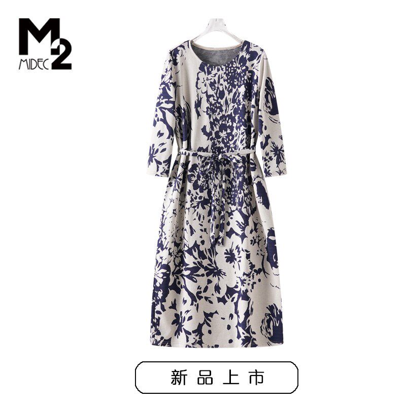 M2女装2024年春秋款宽松大码中年妈妈弹力收腰显瘦七分袖连衣裙