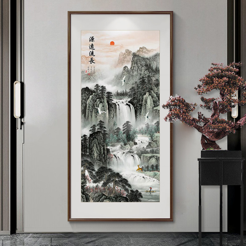 高山流水挂画新中式玄关装饰画走廊过道壁画竖版招财瀑布山水挂画