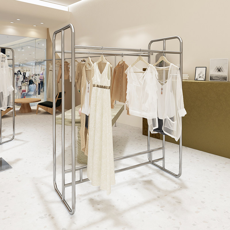 服装店展示架不锈钢双排中岛架女装店银色落地式挂衣架陈列架简约