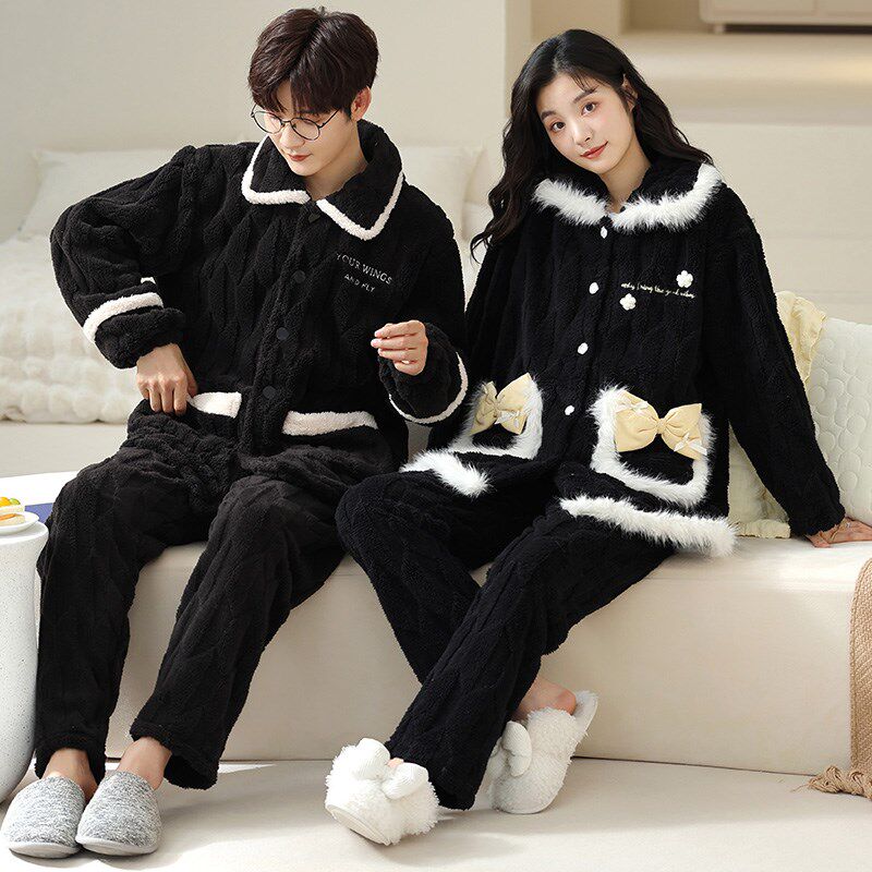 晚眠情侣睡衣冬季加厚加绒珊瑚绒家居服女春秋款大码黑色男士套装