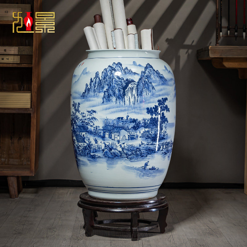 景德镇陶瓷字画缸卷轴缸青花瓷花瓶摆件书画缸收纳桶客厅落地直筒