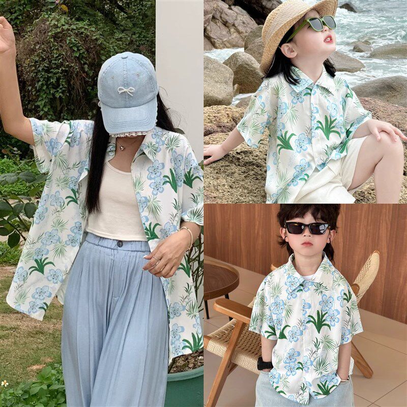 海边度假亲子装夏季一家三口短袖2024新款洋气母女衬衫母子衬衣