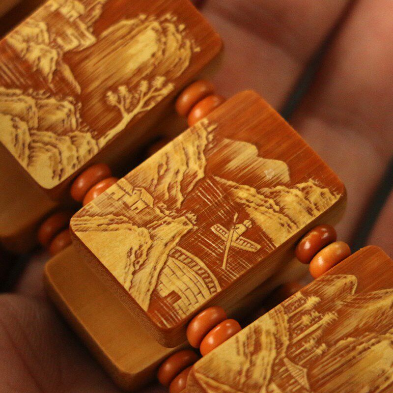 精磨东阳师傅纯手工精工留青雕刻山水老玉竹文玩手串手牌手镯把玩