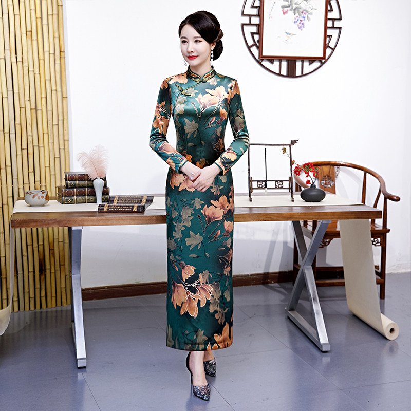 春秋旗袍改良版连衣裙复古中国风中年女长款妈妈高档日常婚宴礼服