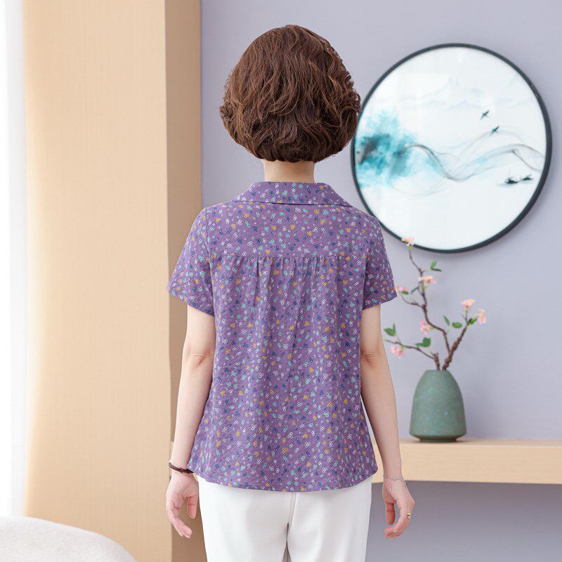 妈妈款短袖棉衬衫2024夏季新品中老年女装宽松大码花色上衣小开衫