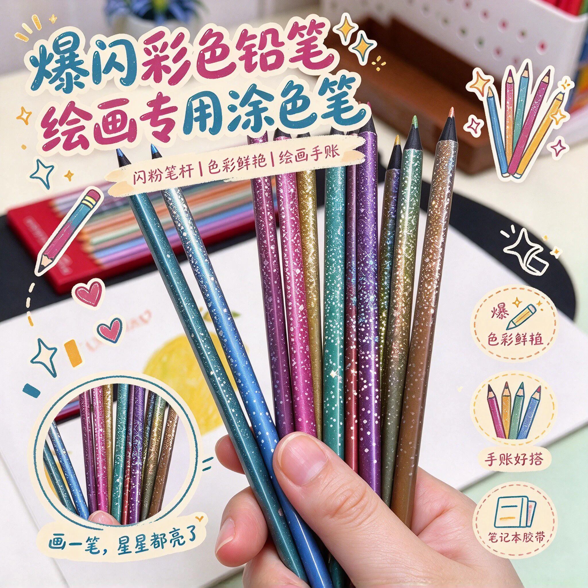 笔笔爆闪！彩色铅笔小学生专用12色儿童美术绘画涂色笔幼儿园彩铅
