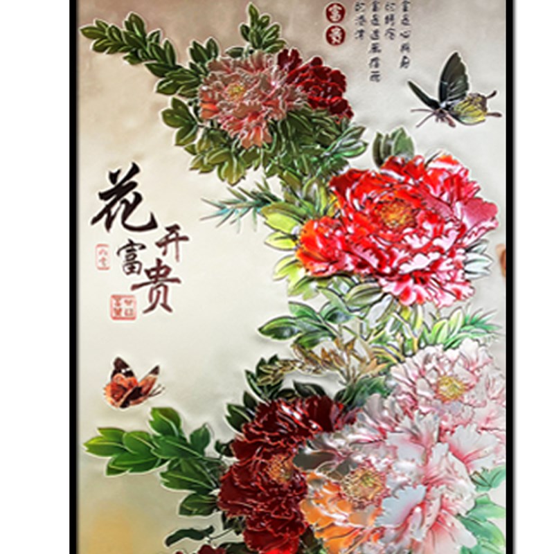 定制入户客厅屏风中式牡丹花开富贵雕浮雕艺术玻璃玄关隔断背景墙