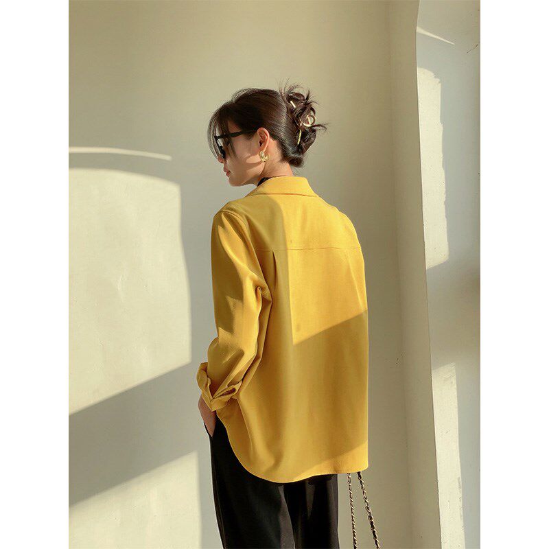姜黄色灯芯绒衬衫女春秋设计感叠穿长袖衬衣女装2024新款磨毛上衣