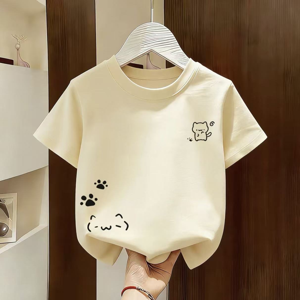 女童夏季纯棉小猫爪圆领宽松T恤图片