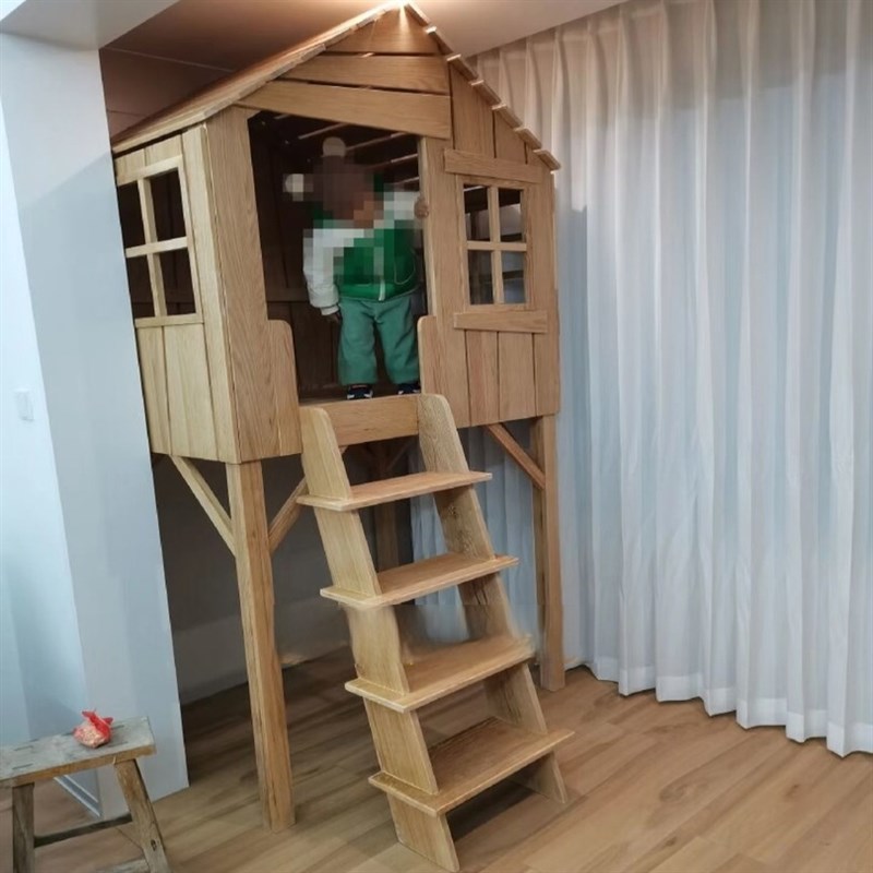 美式实木儿童房树屋床高低床上下B铺双层床小户型高架床城堡子母