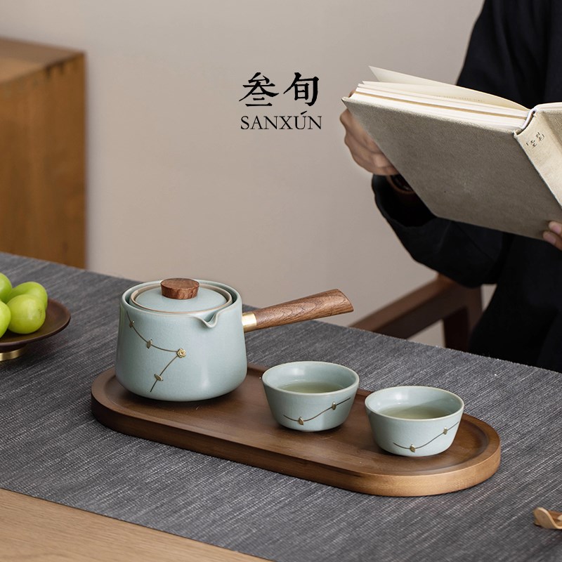 叁旬锔钉汝窑转转泡茶壶家用陶瓷喝茶杯高档茶具懒人自动泡茶神器