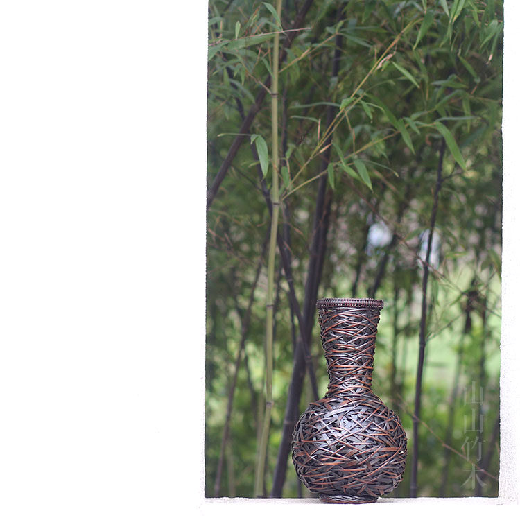 竹编禅意花器复古花篮高瓶细颈花瓶日式花器烟熏竹根干花水培摆件
