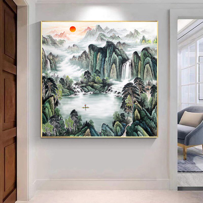 旭日东升流水生财画客厅靠山办公室走廊招财聚宝盆聚财山水画中式