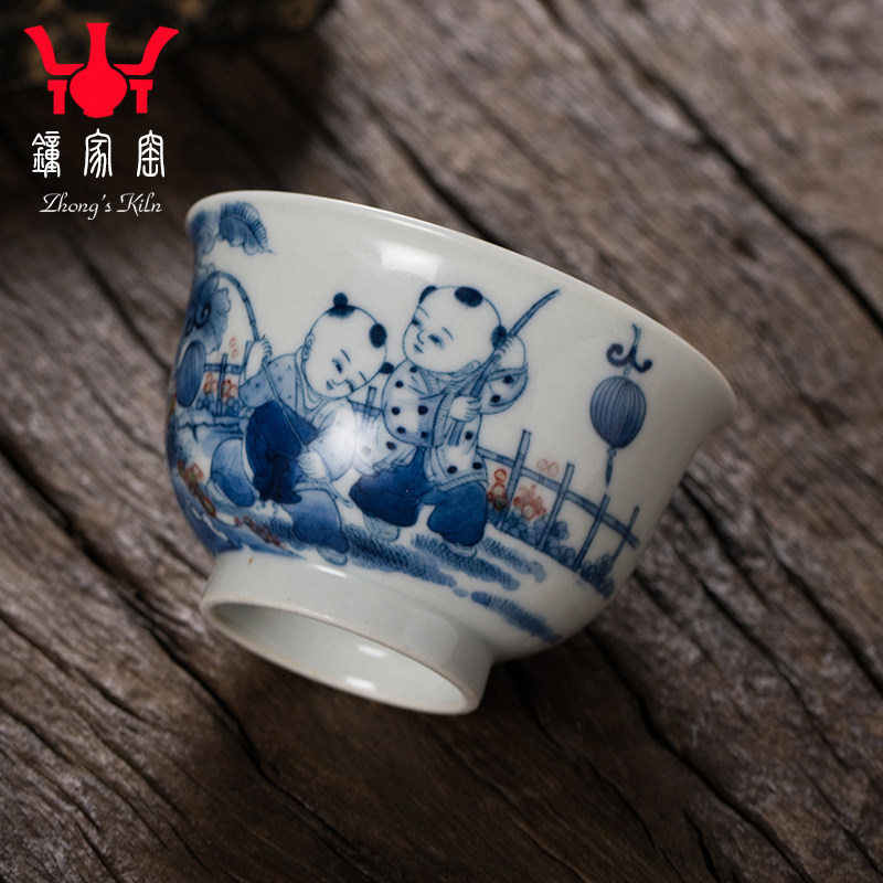 钟家窑主人杯 景德镇手绘青花釉里红柴窑人物杯子陶瓷功夫小茶杯